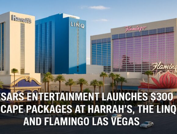 Harrah’s Las Vegas, The LINQ Hotel + Experience, and Flamingo Las Vegas pictured for Caesars Entertainment’s $300 Escape package — two-night stay with a $200 dining credit included; taxes and resort fees included.