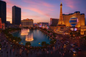 Las Vegas Travel - Bellagio Fountains and Paris Hotel at Sunset