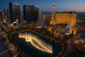 Bellagio Fountains, Cosmopolitan & Paris Las Vegas — Aerial Night View