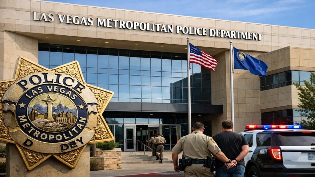 Las Vegas Metropolitan Police Department headquarters in Las Vegas. An LVMPD officer was arrested and placed on suspension pending investigation.