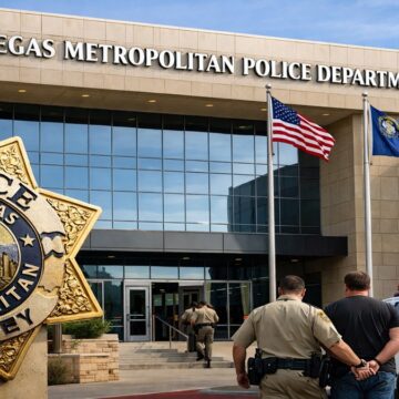 Las Vegas Metropolitan Police Department headquarters in Las Vegas. An LVMPD officer was arrested and placed on suspension pending investigation.