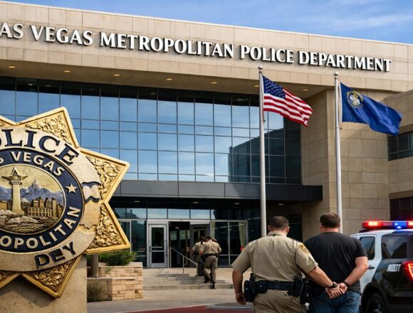 Las Vegas Metropolitan Police Department headquarters in Las Vegas. An LVMPD officer was arrested and placed on suspension pending investigation.