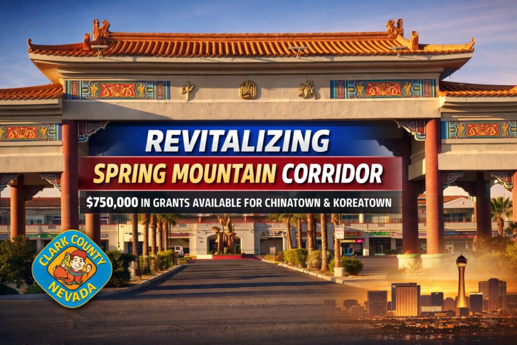 Spring Mountain Corridor entrance in Las Vegas Chinatown as Clark County launches a $750,000 business improvement grant program.