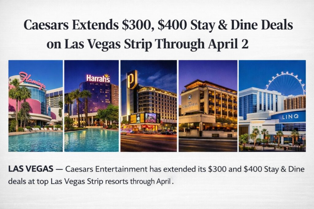 Caesars Entertainment extends its $300 and $400 Stay & Dine promotions at select Las Vegas Strip resorts through April 2, including Flamingo, Harrah?s, Horseshoe, Planet Hollywood, The Cromwell and The LINQ.
