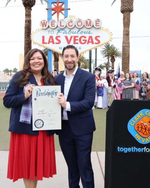 Clark County Commission Chairman Michael Naft poses at the Welcome to Fabulous Las Vegas sign during the America250 kickoff ceremony.