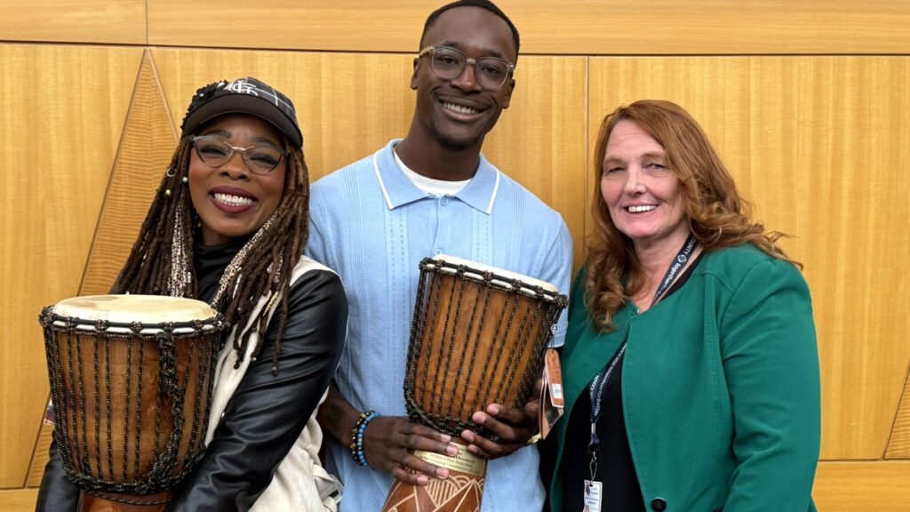 Commissioner Marilyn Kirkpatrick (right) with Devonte Woodson and AK Edmondson during Clark County&rsquo;s Black History Month celebration.