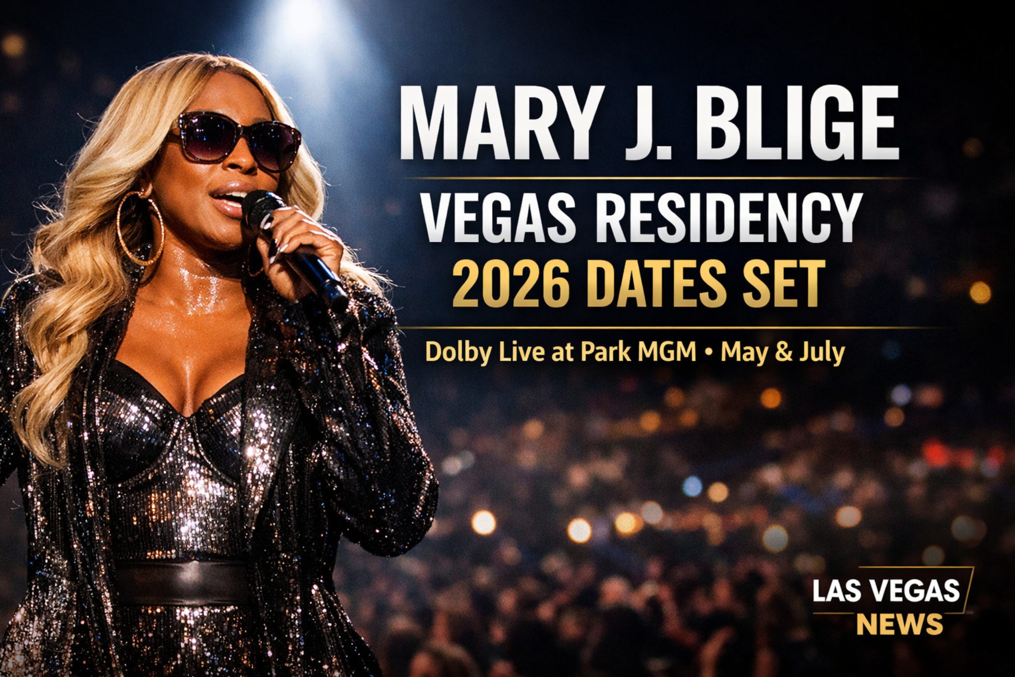 Mary J. Blige performing on stage as she announces her 2026 Las Vegas residency at Dolby Live at Park MGM.