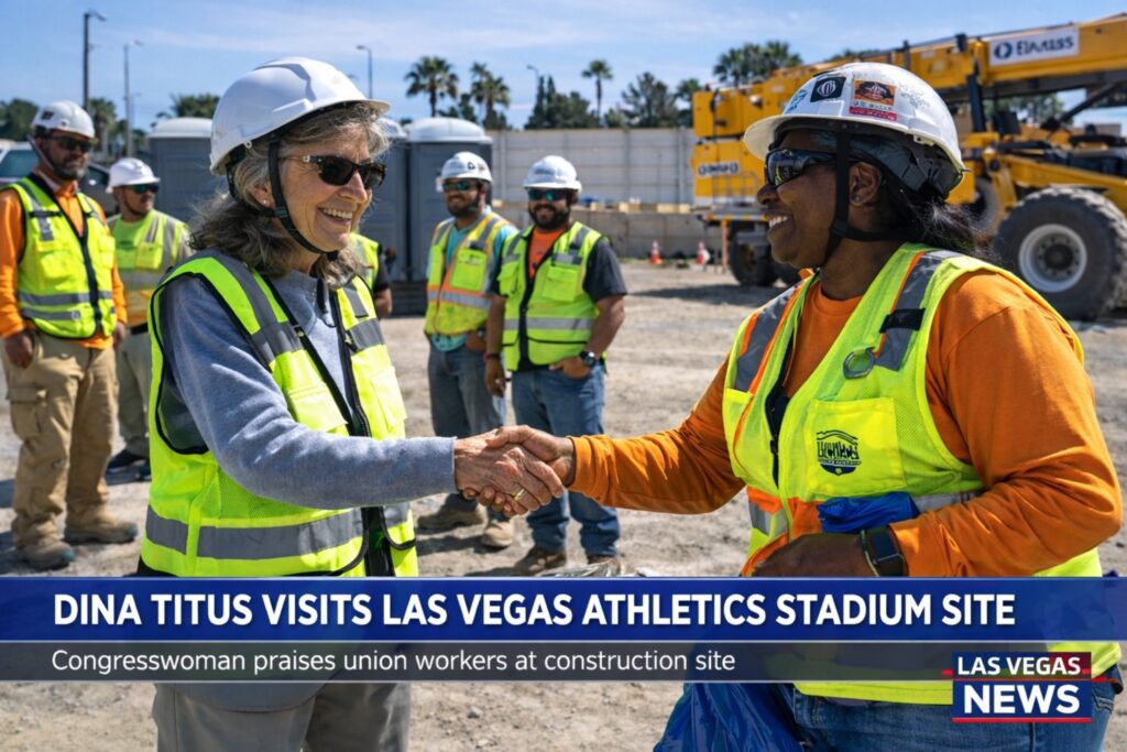 Congresswoman Dina Titus meeting union construction workers at the Las Vegas Athletics stadium construction site in Las Vegas