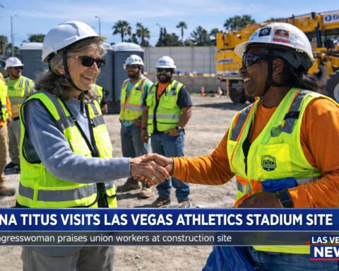 Congresswoman Dina Titus meeting union construction workers at the Las Vegas Athletics stadium construction site in Las Vegas