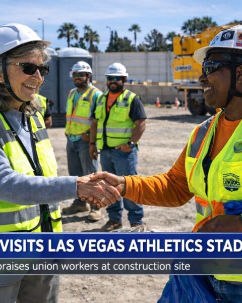 Congresswoman Dina Titus meeting union construction workers at the Las Vegas Athletics stadium construction site in Las Vegas
