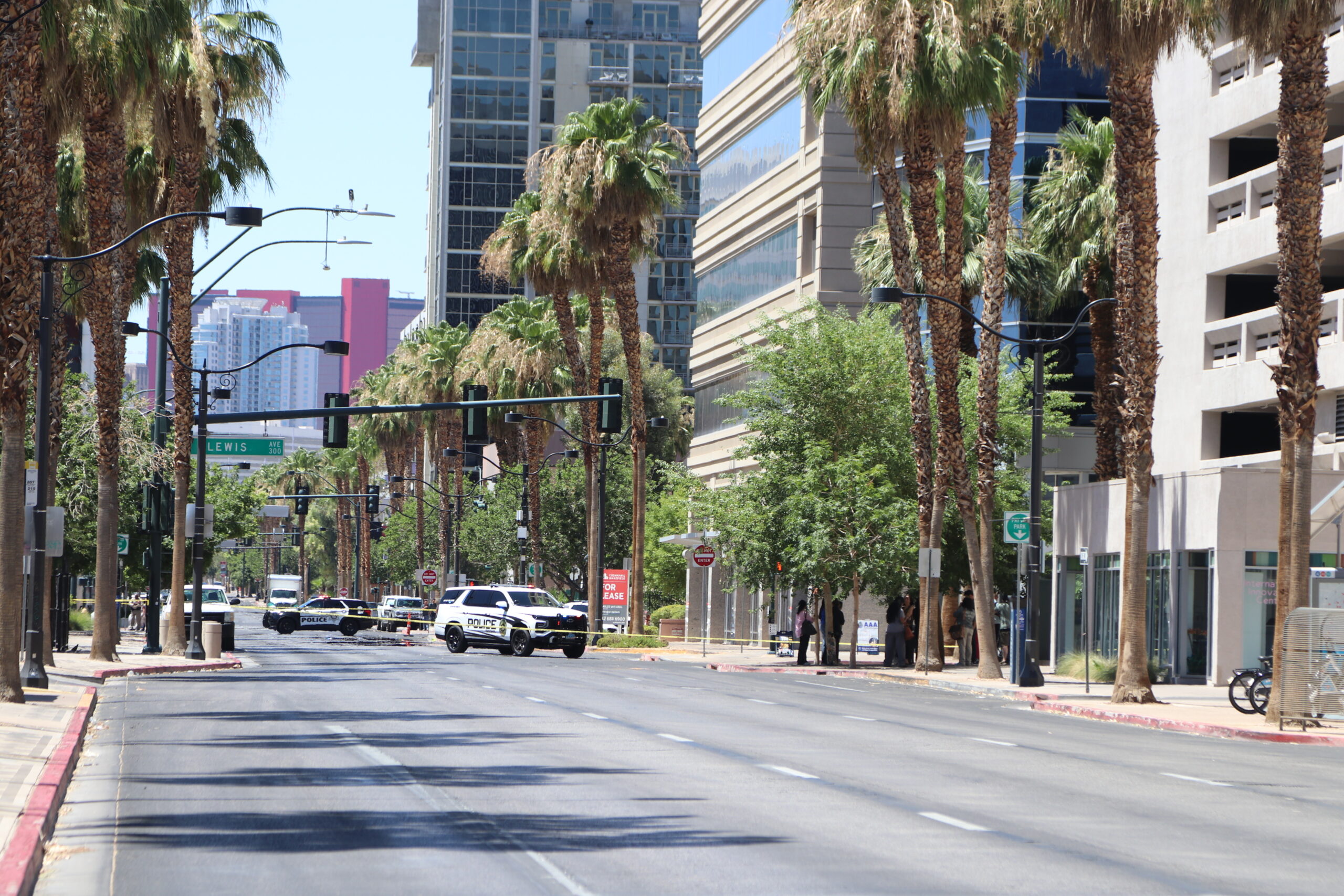 Police vehicles blocking part of 4th Street near 400 S. 4th St. in downtown Las Vegas