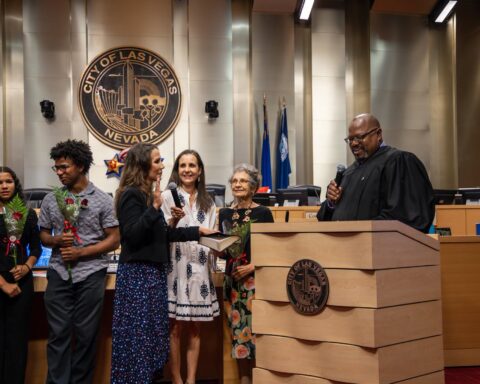Councilwoman Nancy Brune is sworn in for another term representing Las Vegas Ward 6 during a City Council meeting.
