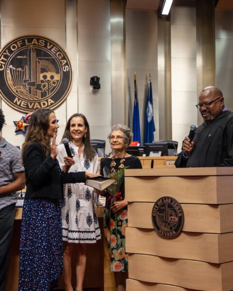 Councilwoman Nancy Brune is sworn in for another term representing Las Vegas Ward 6 during a City Council meeting.