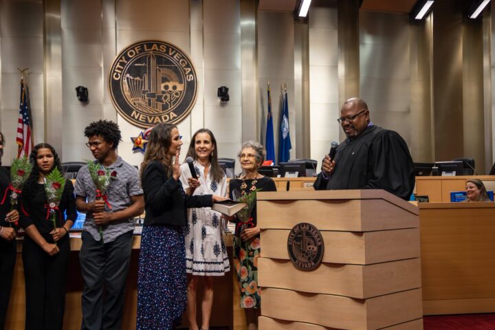 Councilwoman Nancy Brune is sworn in for another term representing Las Vegas Ward 6 during a City Council meeting.