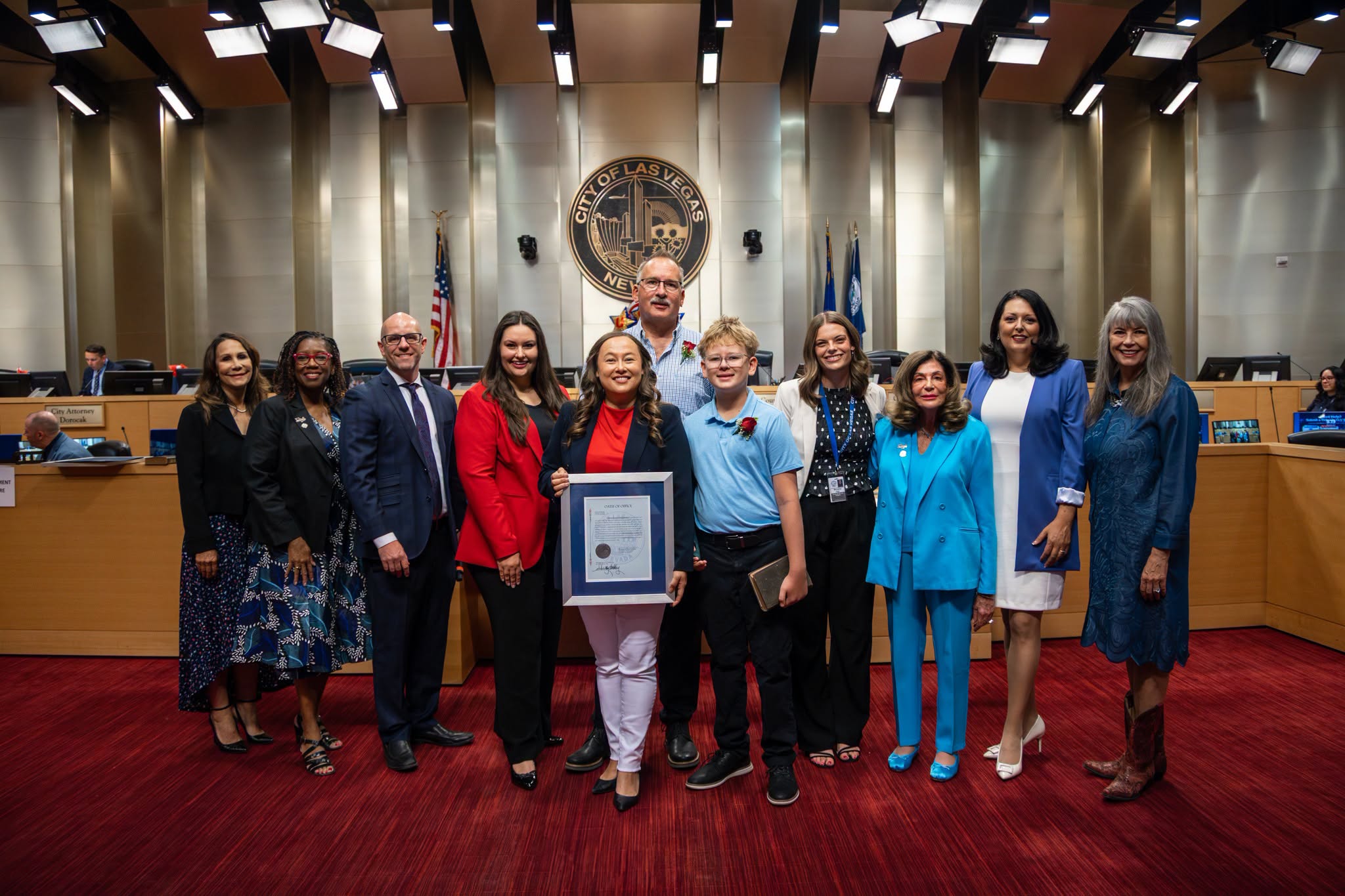 Councilwoman Francis Allen-Palenske pictured with city officials and community members inside Las Vegas City Council chambers after being sworn in for a new Ward 4 term.