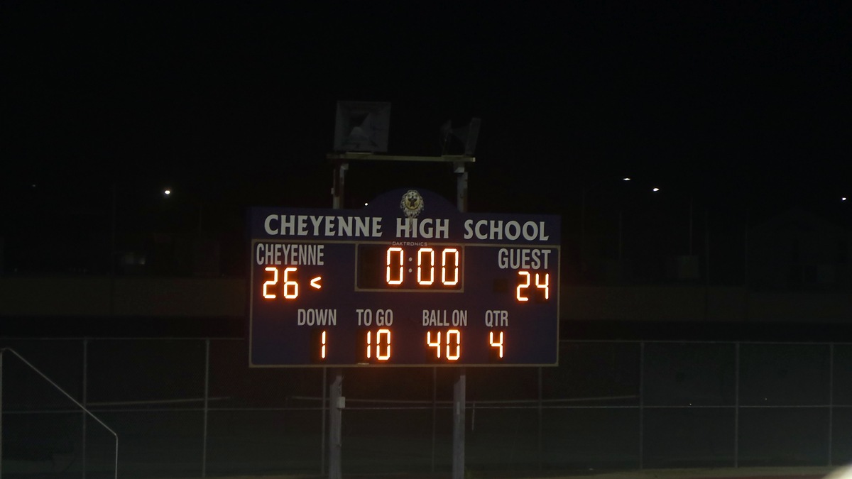 Cheyenne High School scoreboard showing the final score Cheyenne 26, Chaparral 24