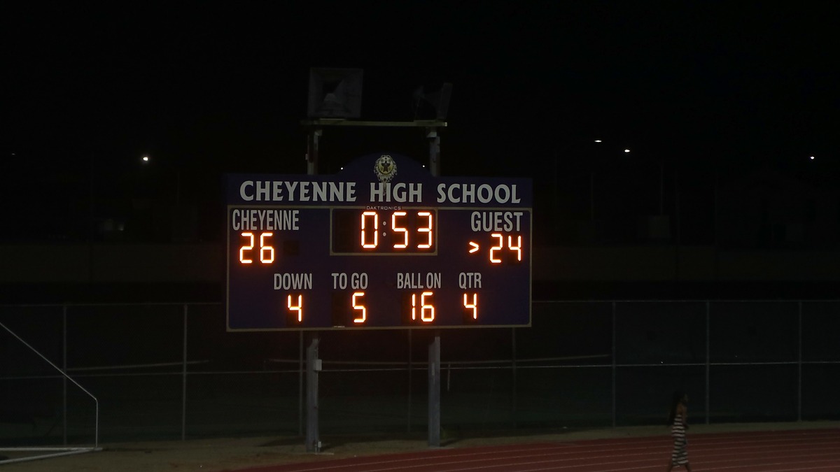 Cheyenne High School scoreboard showing Cheyenne leading Chaparral 26-24 with 53 seconds remaining in the fourth quarter