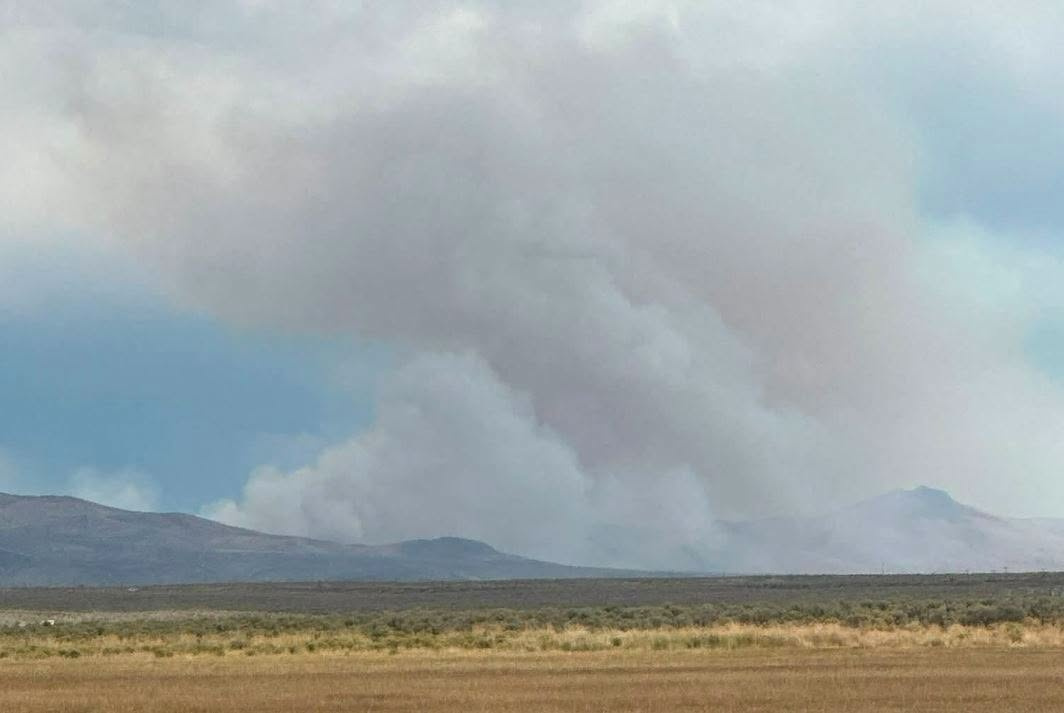 Smoke plume rising from wildfire terrain in Elko County, Nevada